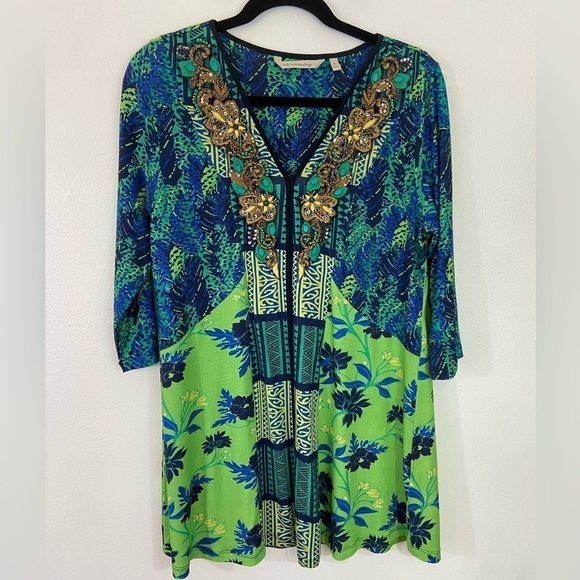 Soft Surroundings Tunic Top Sz M Embroidered Beaded Green Blue Boho Colorful - Picture 1 of 9